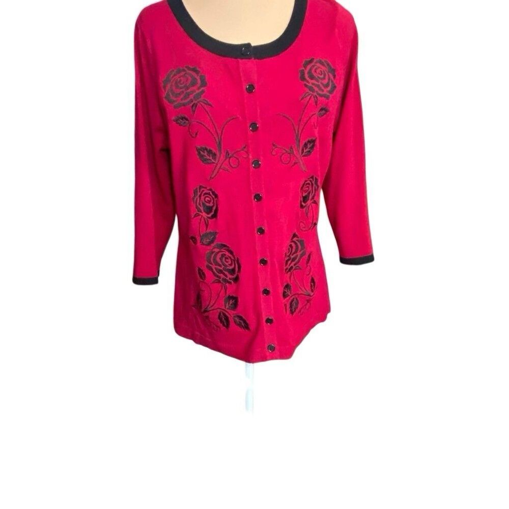 UNIQUE VINTAGE Red Black Rose Scoop Neck Button Front Cardigan Sweater Size XL